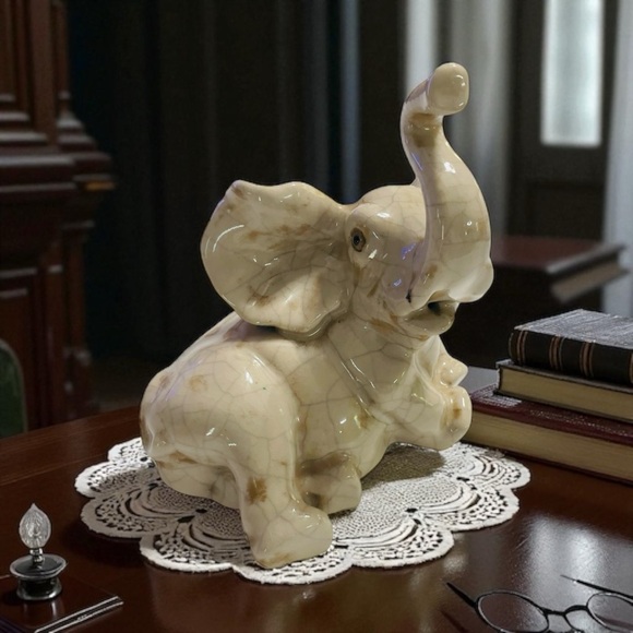 Vintage Playful Elephant Figurine Ceramic Glazed Heavy Crazing w/ Trunk Up - Picture 1 of 9
